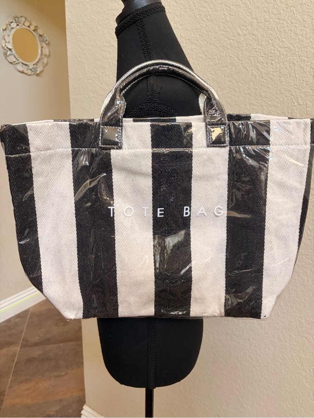 Black and White Striped Tote Bag with Top Handles